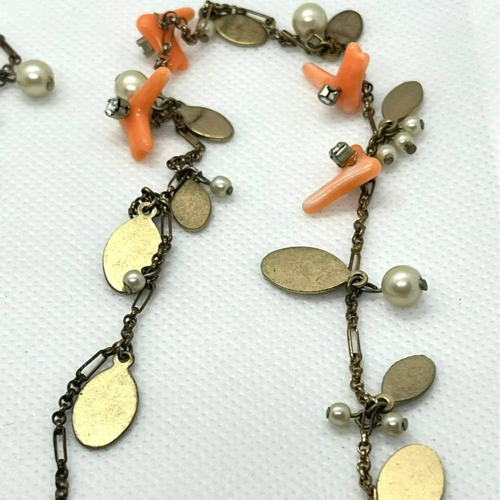 J Crew Pink Coral Like Beads Faux Pearls Rhinestones Gold Tone Necklace See Pics